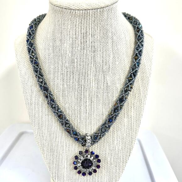 Black purple silver hand beaded necklace 12mm hand bezeled purple crystal 21" - Picture 1 of 8